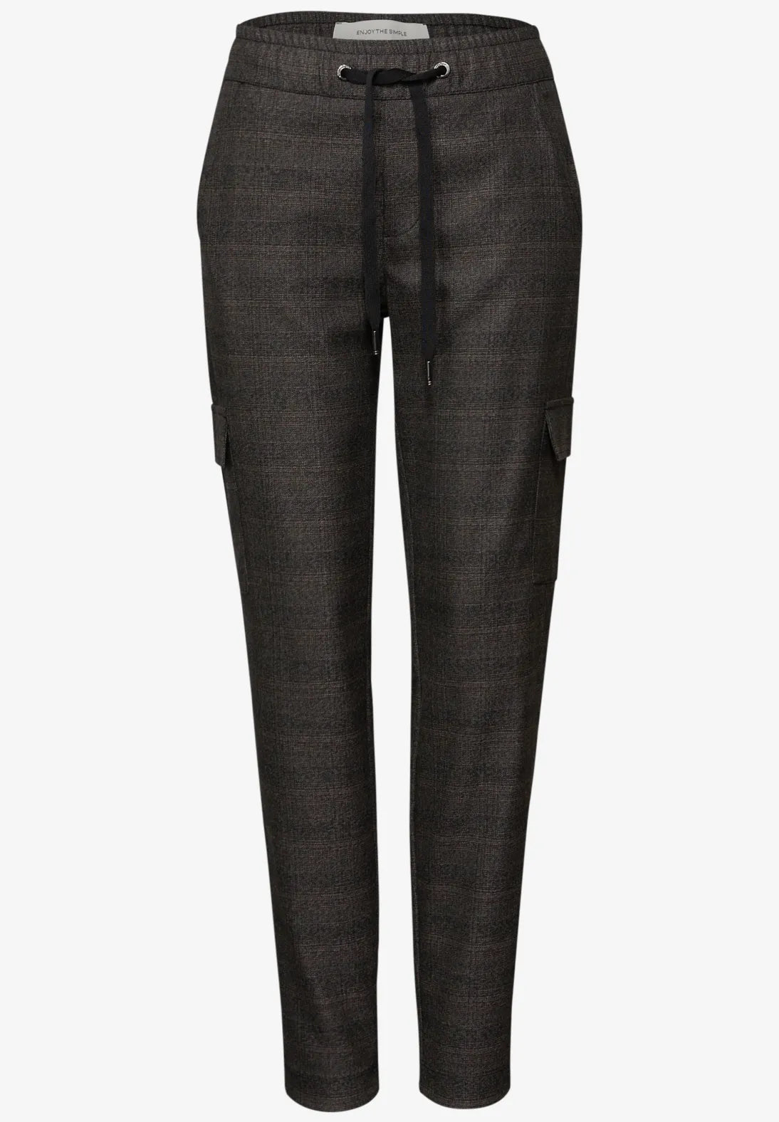 Dark gray pants with a drawstring on a white background