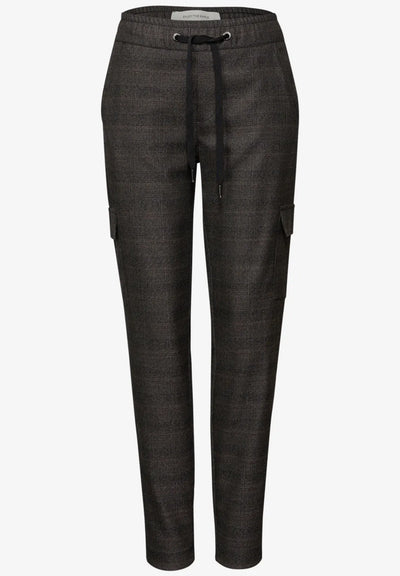 Dark gray pants with a drawstring on a white background