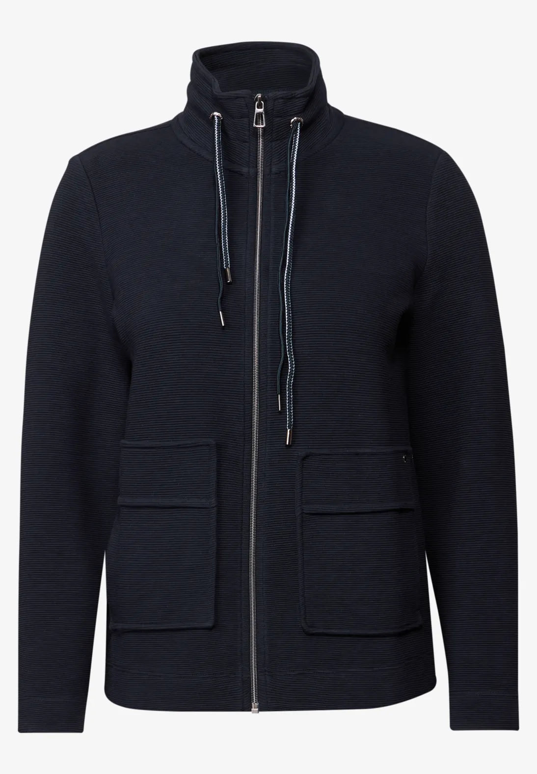 Dark blue jacket with a zipper on a white background