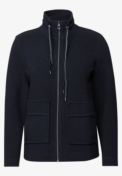 Dark blue jacket with a zipper on a white background