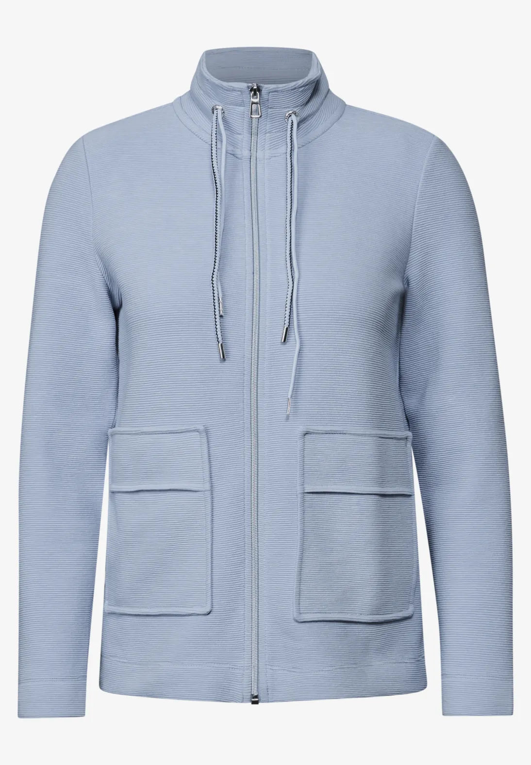 Light blue zip-up hoodie with front pockets on a white background