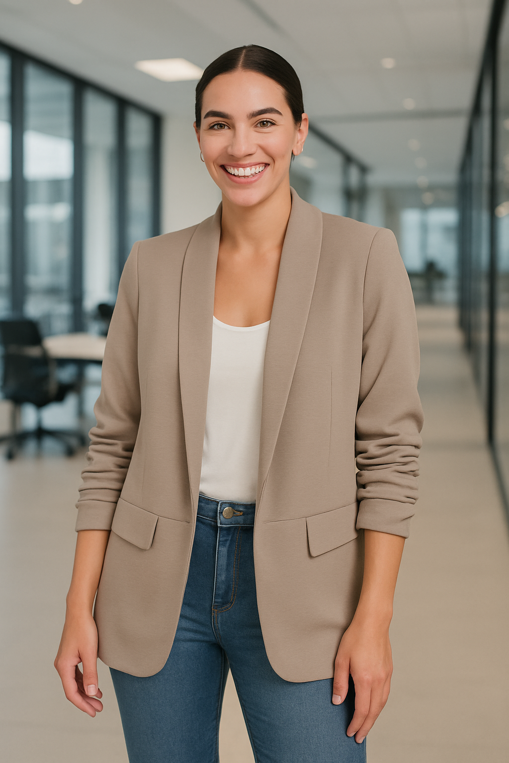 Woman wearing a beige blazer in an office setting