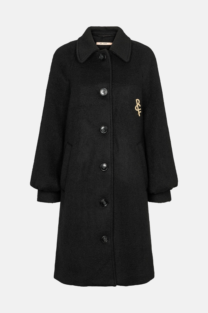 Black coat with a gold logo on a white background