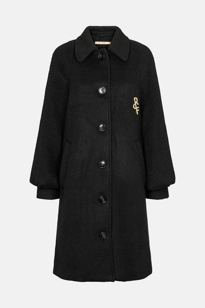 Black coat with a gold logo on a white background