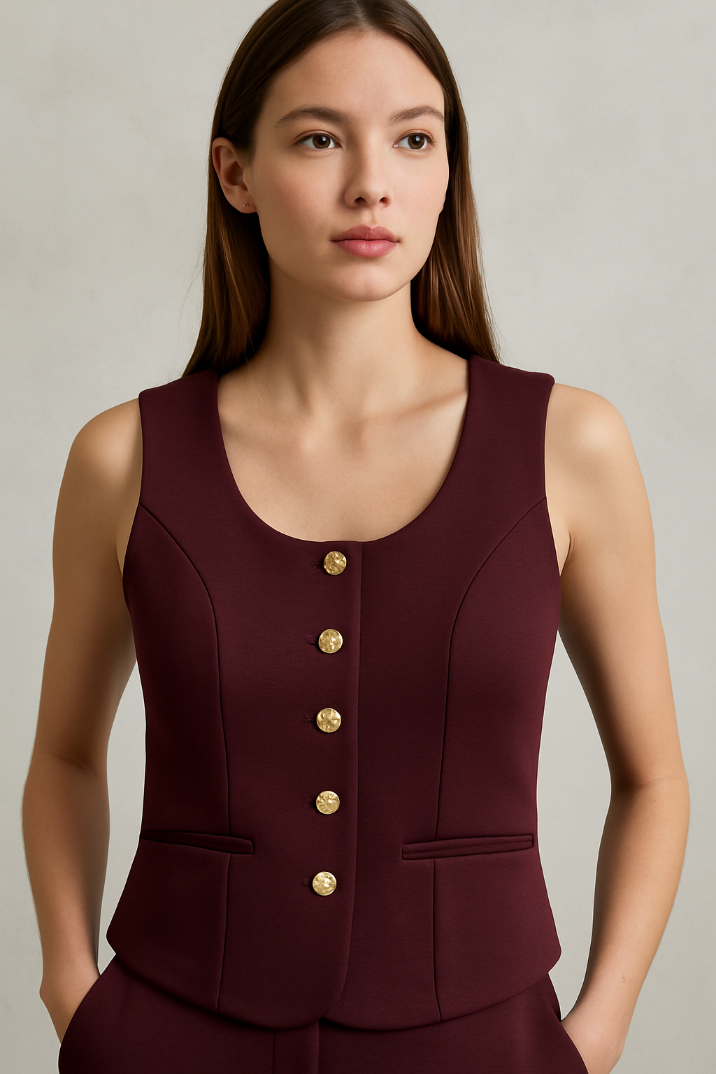 Woman wearing a burgundy sleeveless top with gold buttons on a neutral background