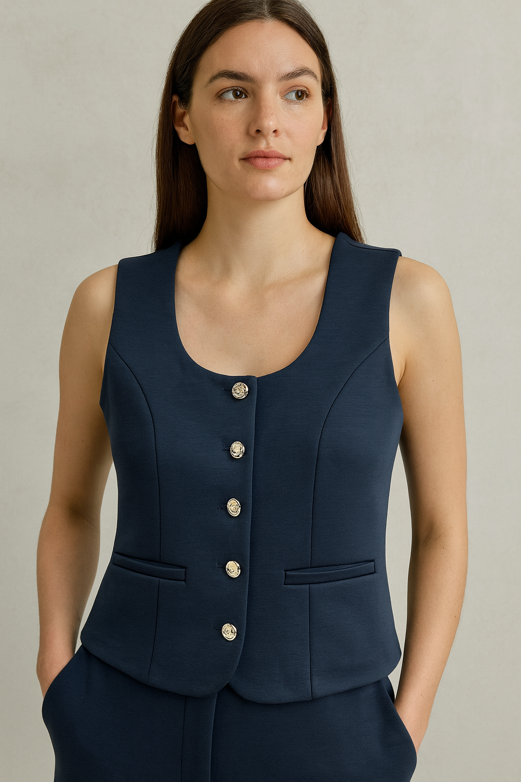 Woman wearing a navy blue sleeveless blazer with buttons on a beige background