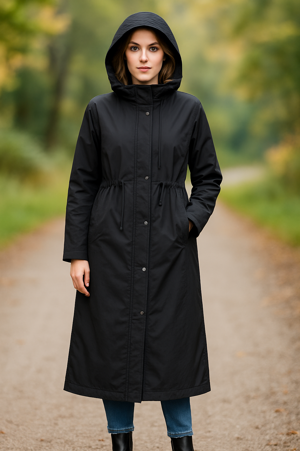Person wearing a black hooded coat standing on a path with blurred greenery in the background