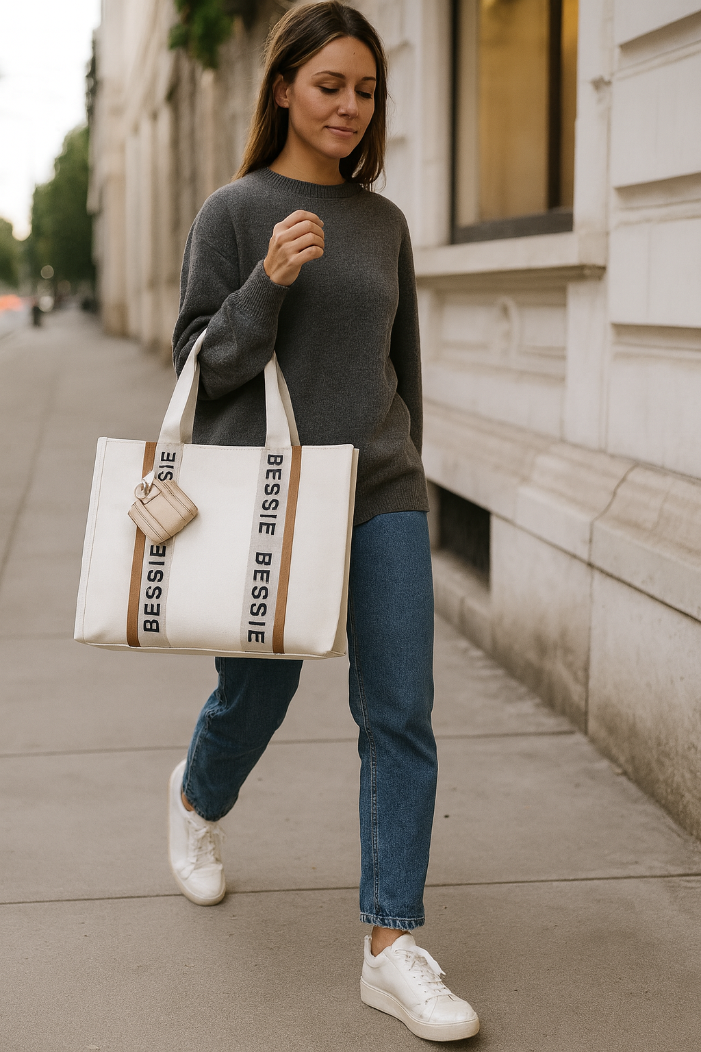 Woman holding a tote bag with 'Bessie' branding on a city street.