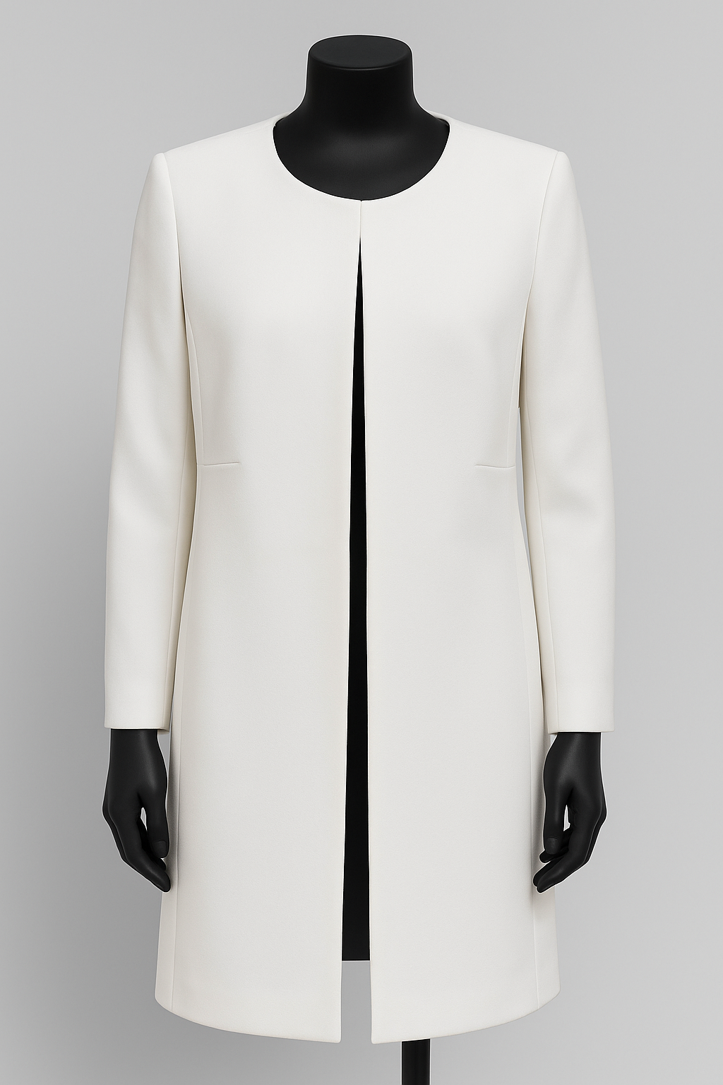 White coat on a mannequin with black accents against a gray background