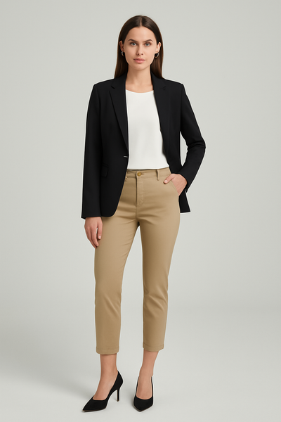 Woman wearing a black blazer, white top, beige pants, and black high heels on a light gray background