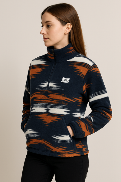 Woman wearing a patterned half-zip pullover against a neutral background