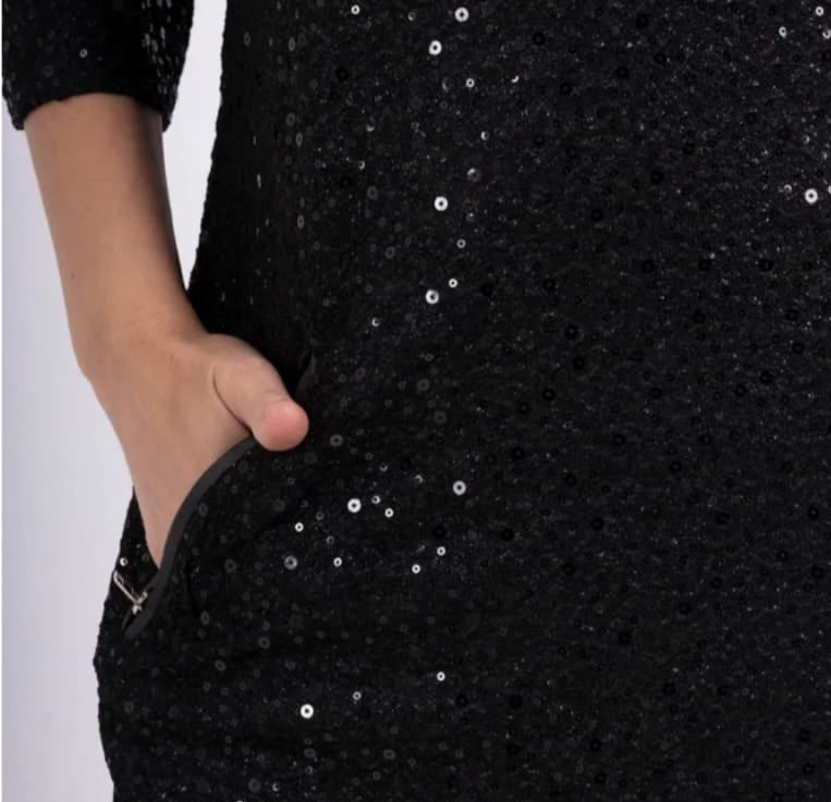 Black sequin dress with a model wearing it and close-up details on a white background.