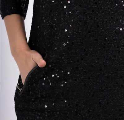 Black sequin dress with a model wearing it and close-up details on a white background.