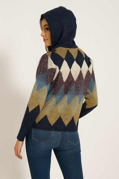 Person wearing a patterned sweater with a hood on a plain background