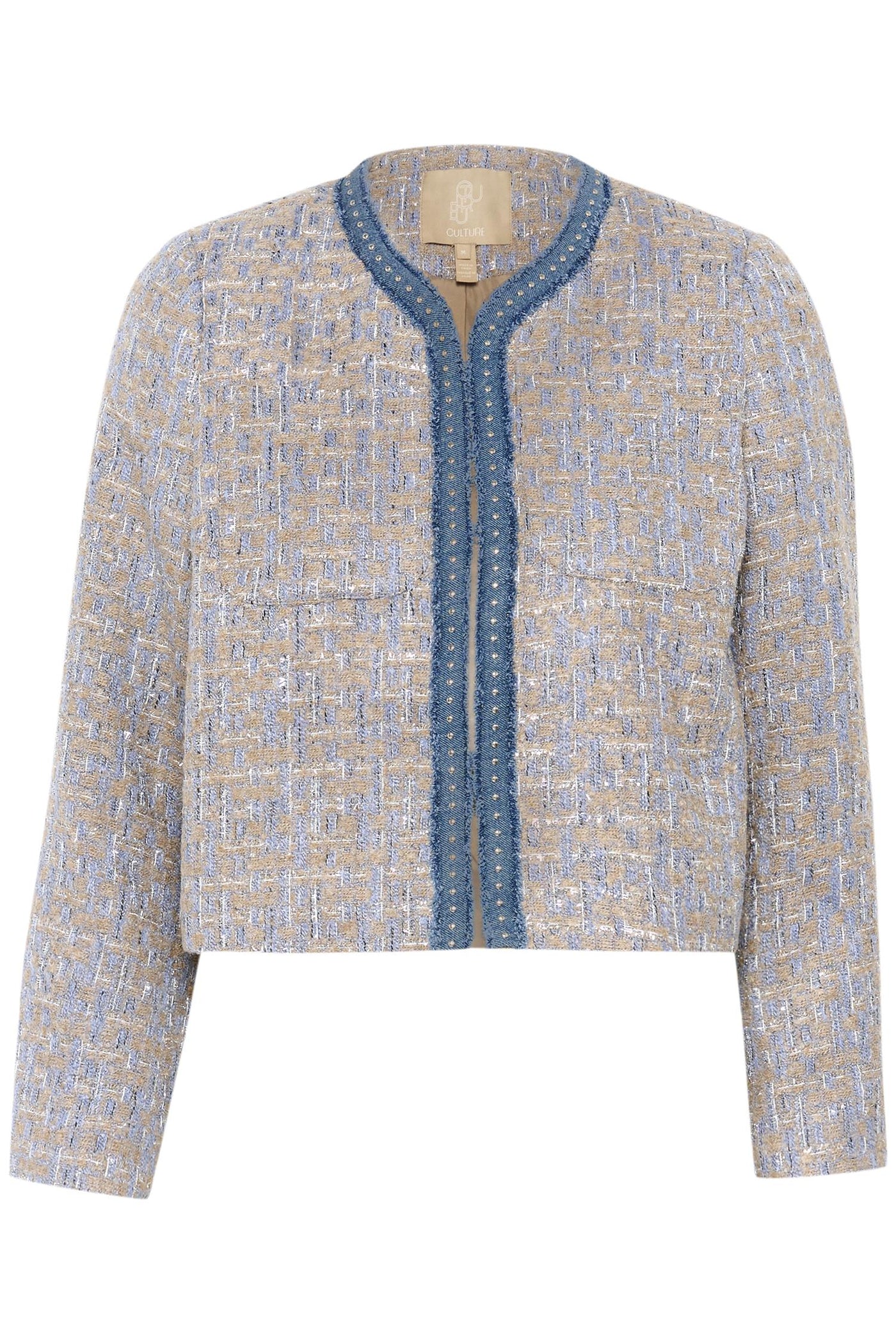 Textured jacket with blue trim on a white background