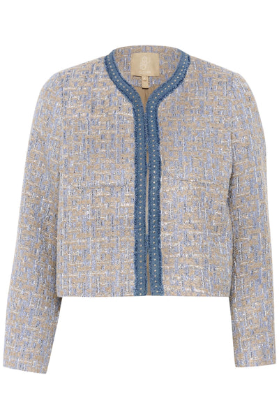 Textured jacket with blue trim on a white background