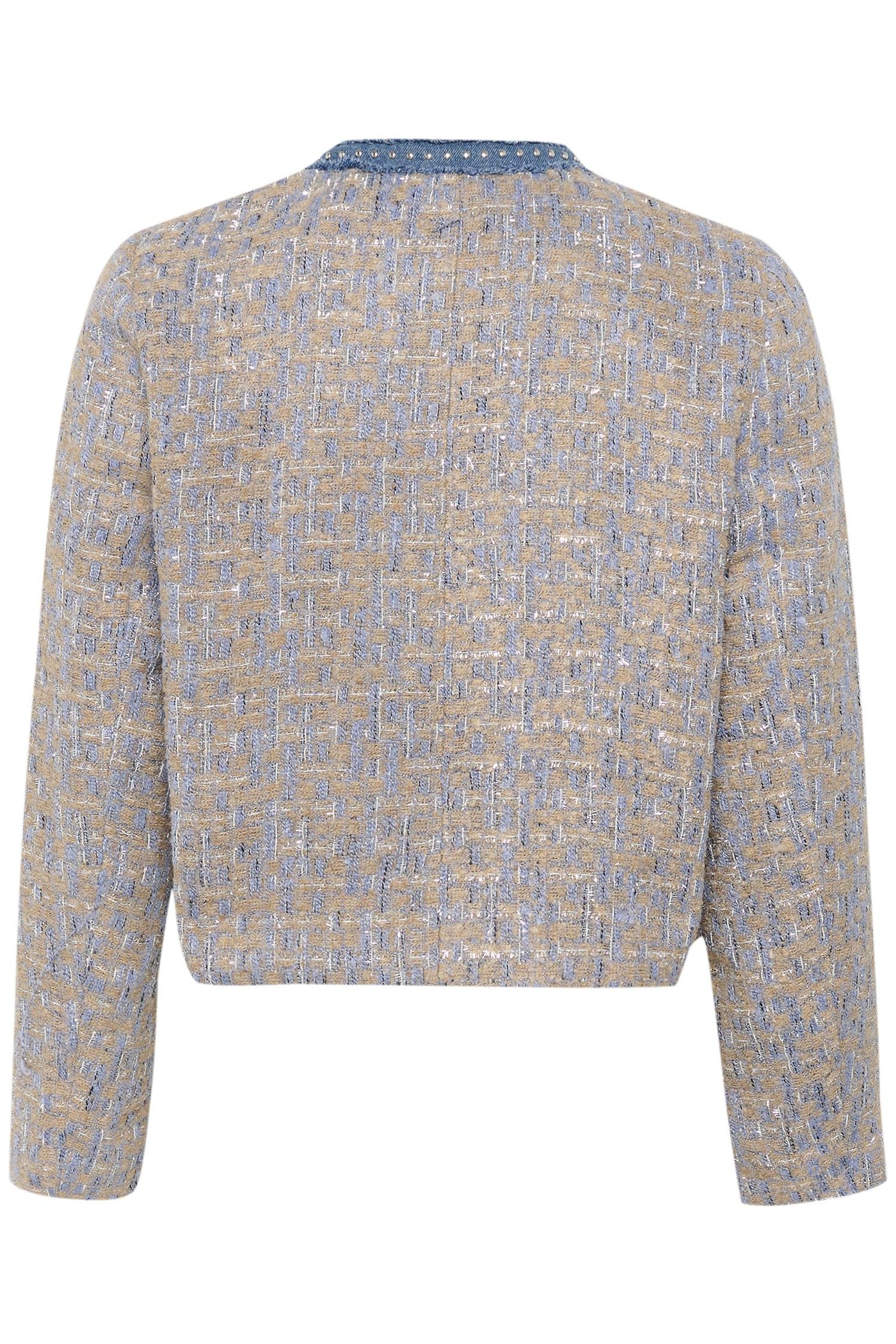 Back view of a patterned jacket on a white background