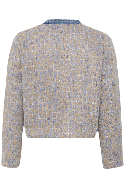 Back view of a patterned jacket on a white background