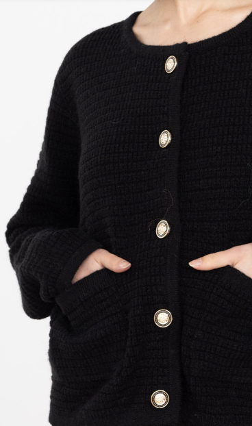 Women's black short cardigan knit with gold buttons
