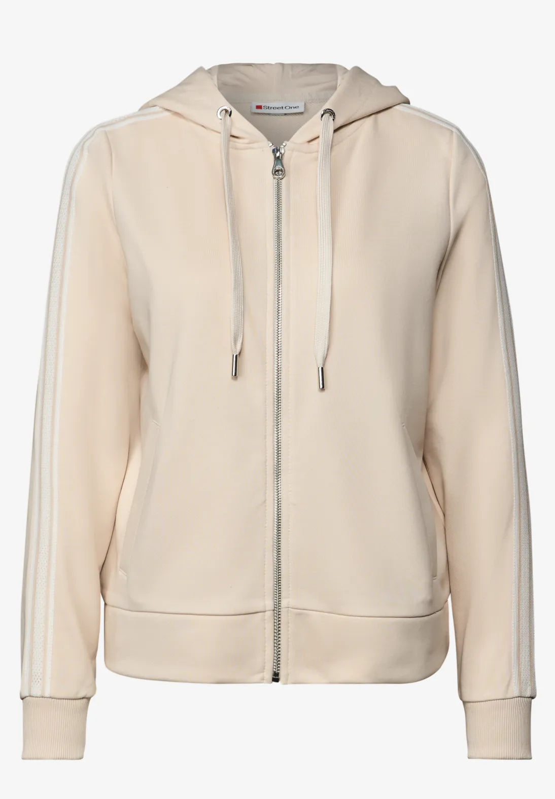 Beige hoodie with white stripes on sleeves on a white background