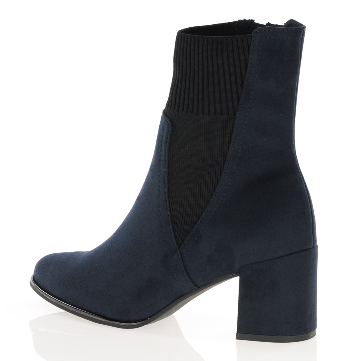 Navy blue sock boot with a block heel on a white background
