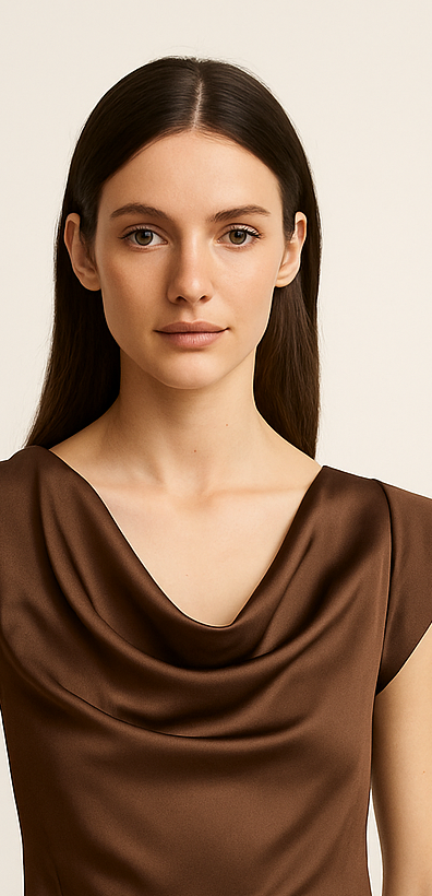 Brown top with draped neckline worn by a model, with close-up details on a beige background.