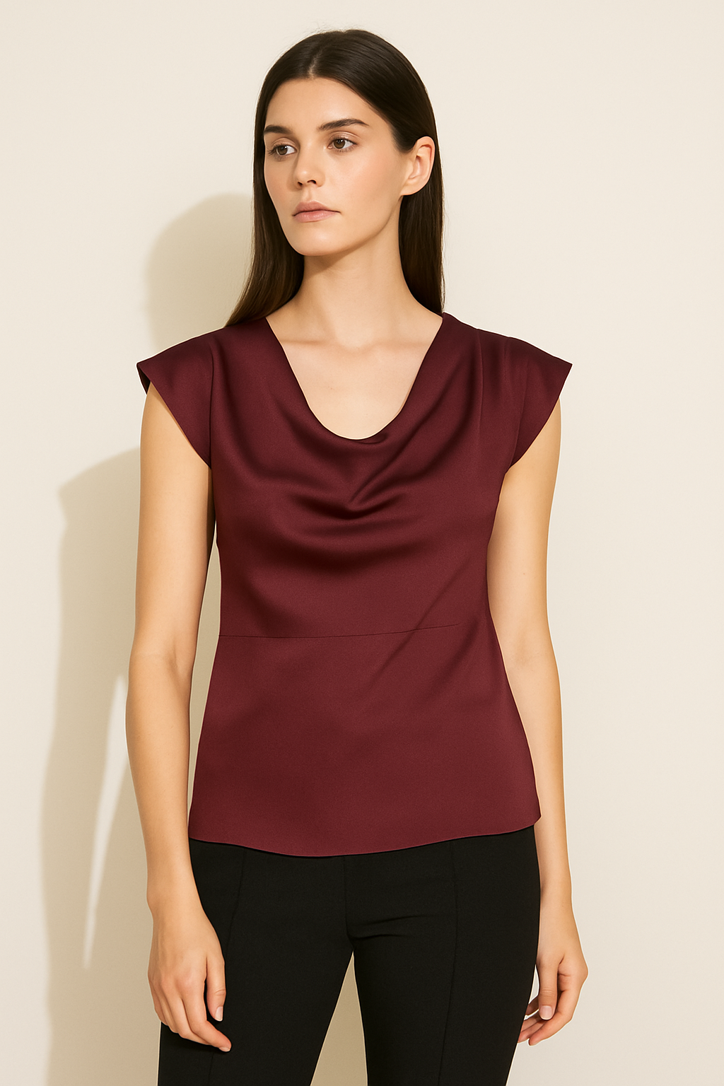 Woman wearing a burgundy sleeveless top against a beige background