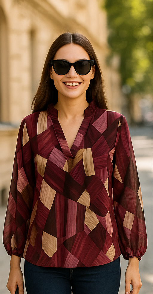 Woman wearing a patterned blouse and sunglasses on a street.