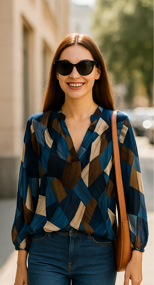 Woman wearing a patterned shirt and sunglasses, standing on a street.