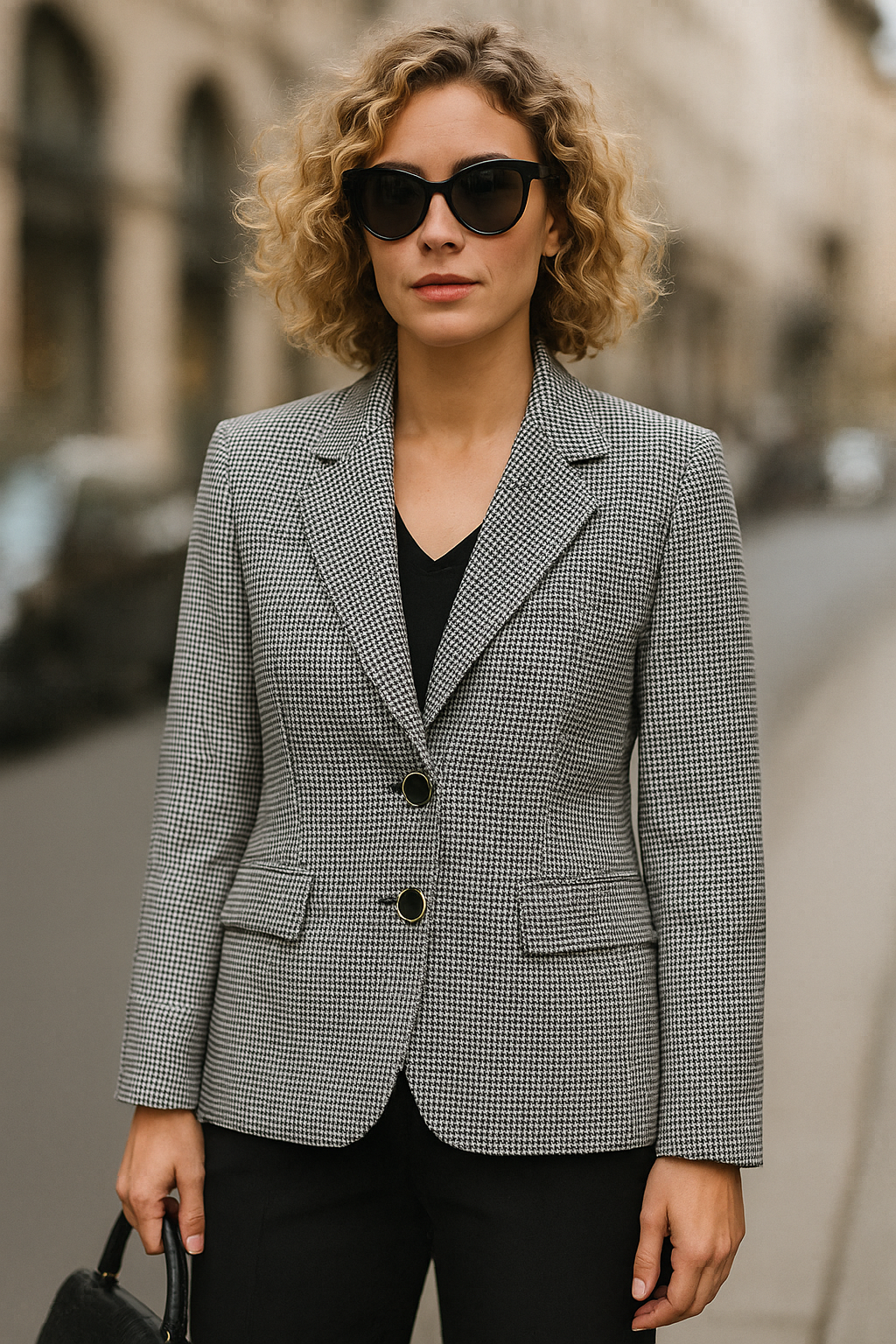 Woman wearing a checkered blazer and sunglasses on a city street.