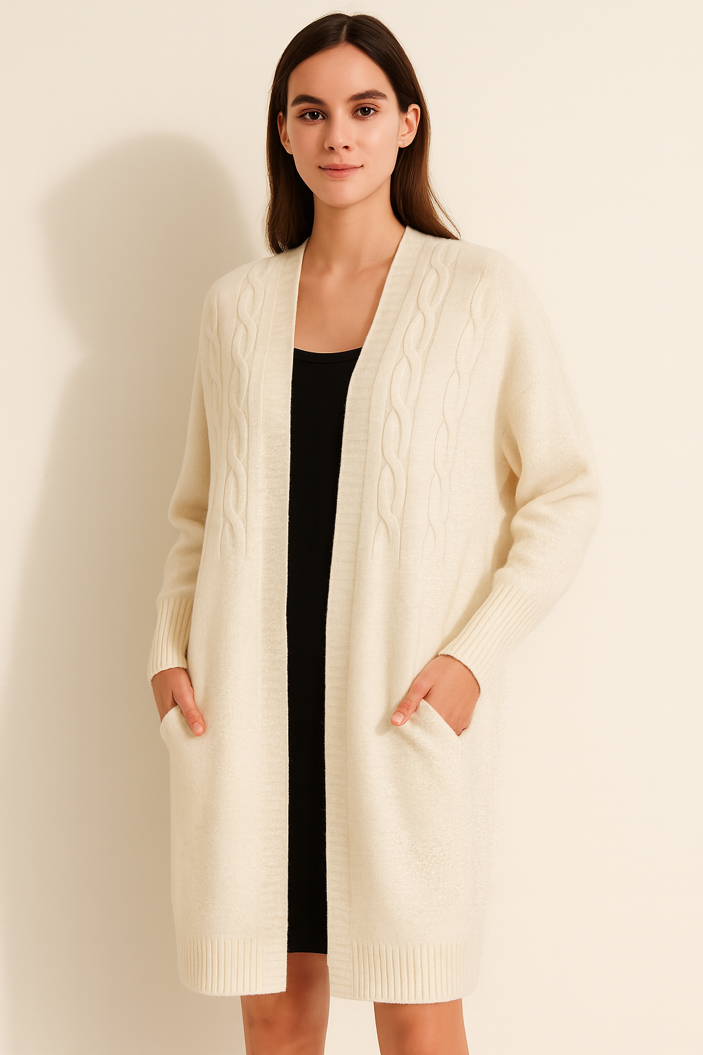 Woman wearing a cream cable knit cardigan against a plain background