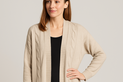 Woman wearing a beige cable knit cardigan against a plain background