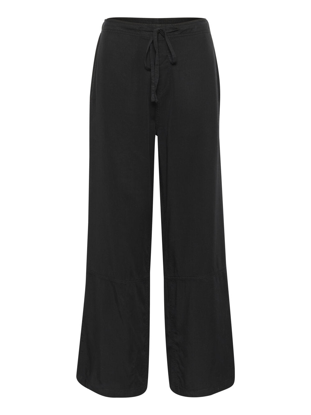 Black wide-leg pants with a drawstring waist on a white background