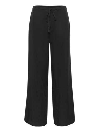 Black wide-leg pants with a drawstring waist on a white background