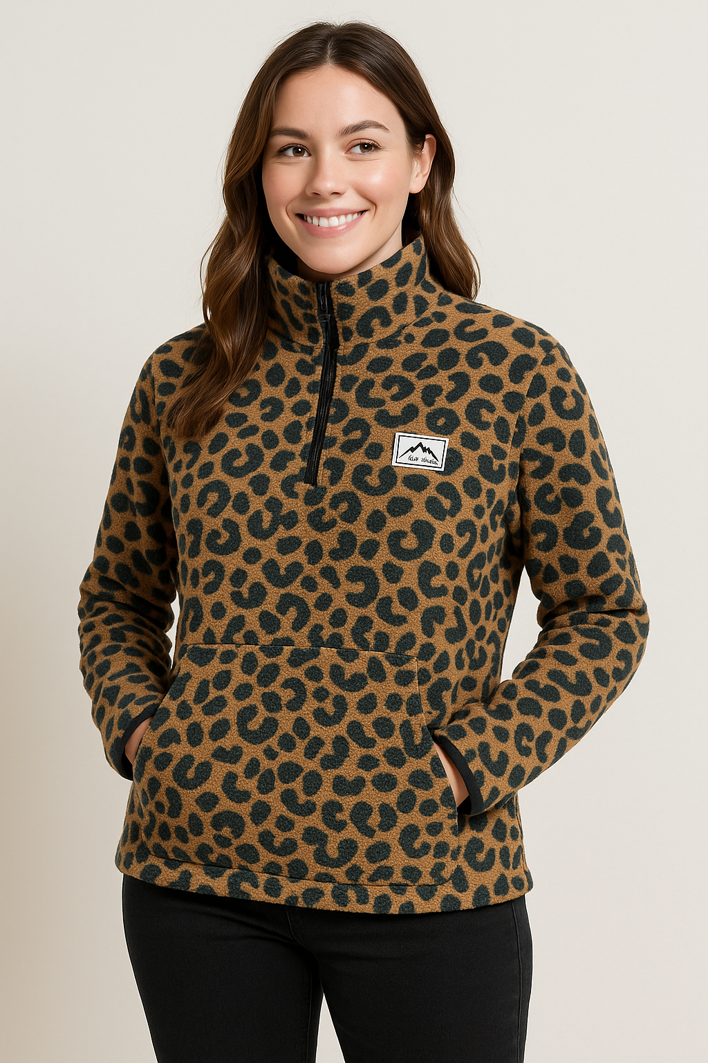 Woman wearing a leopard print pullover with a logo on a beige background