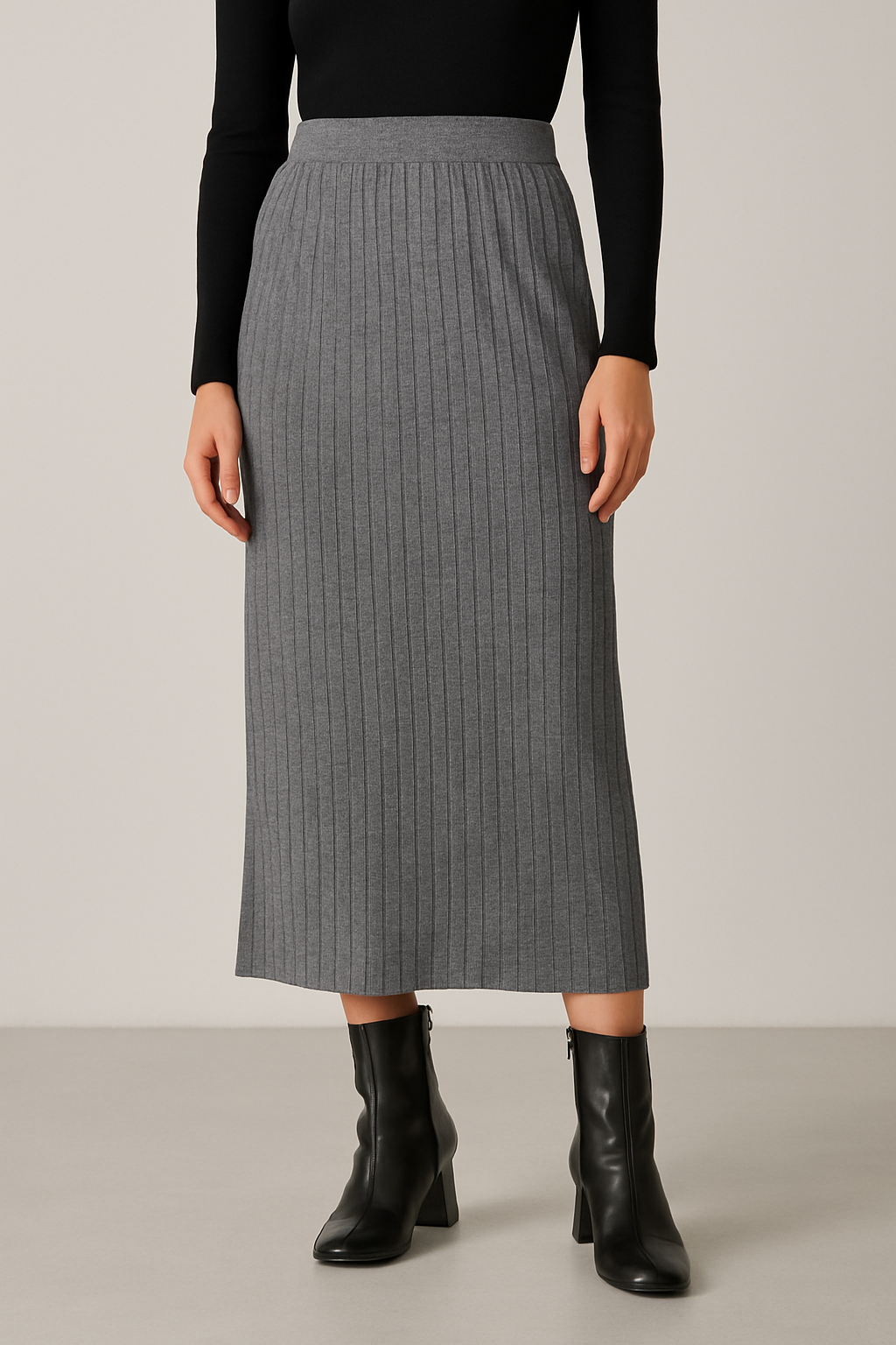 Person wearing a gray ribbed skirt with black boots on a neutral background