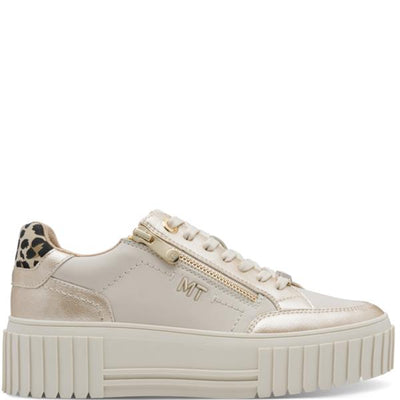 Beige sneaker with leopard print heel and gold zipper on a white background