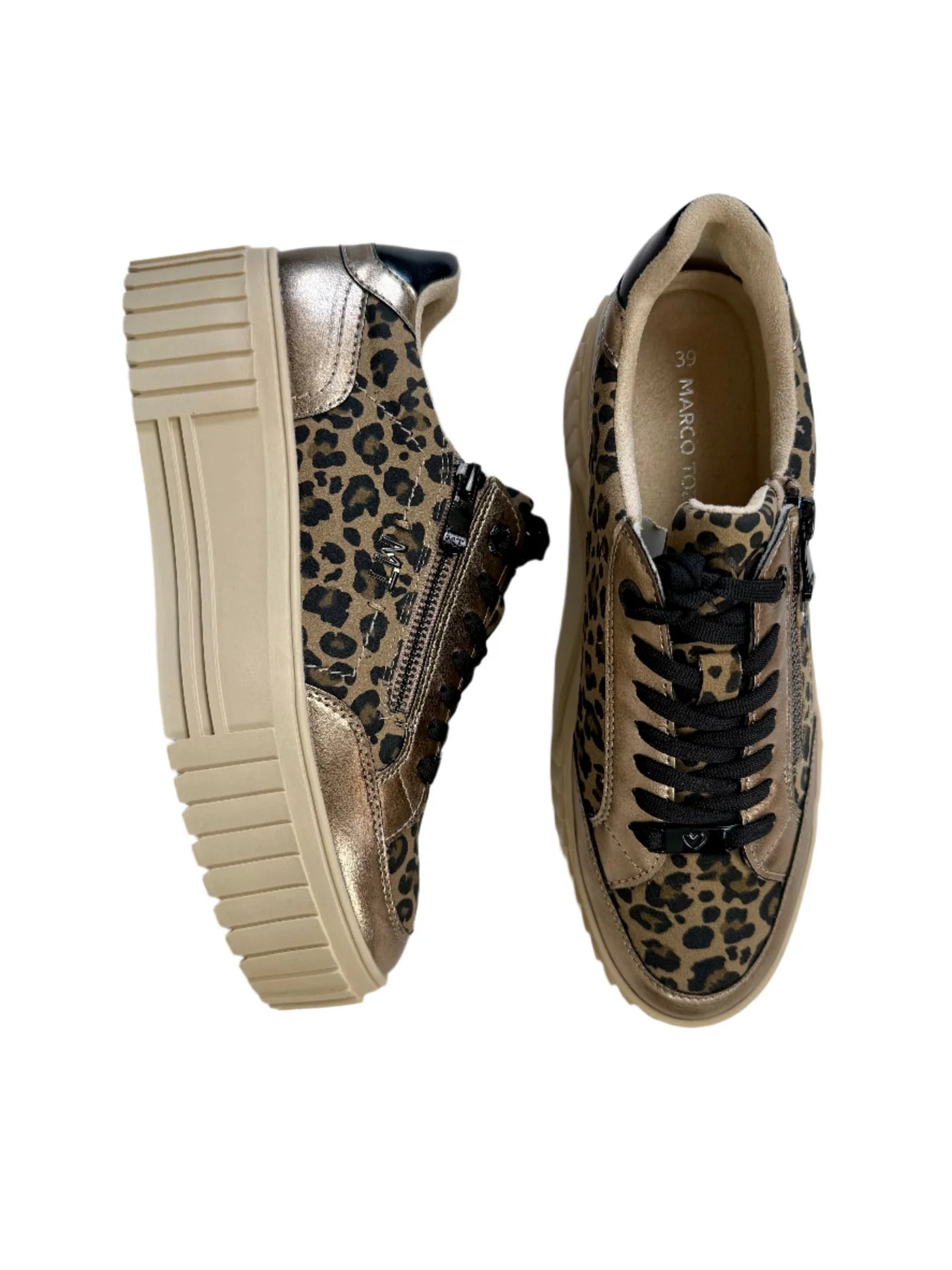 Pair of leopard print sneakers with beige soles on a white background