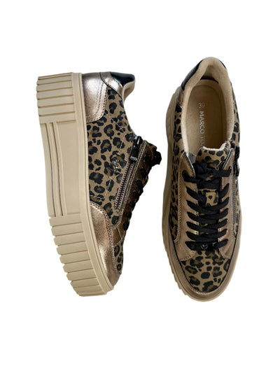 Pair of leopard print sneakers with beige soles on a white background