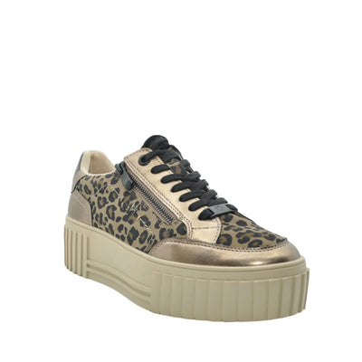Sneaker with leopard print pattern and beige sole on a white background