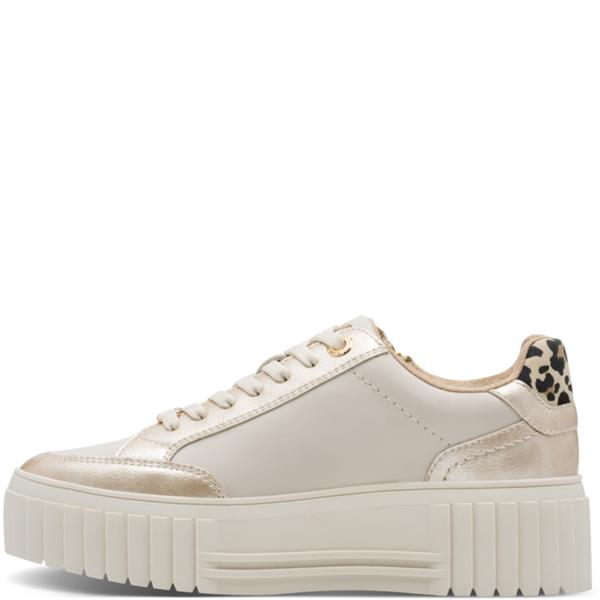 White sneaker with a leopard print heel on a white background