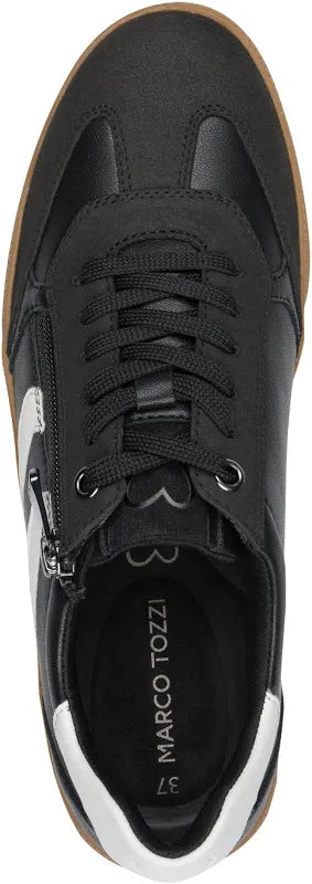 Black sneaker with white sole and brown accents on a white background