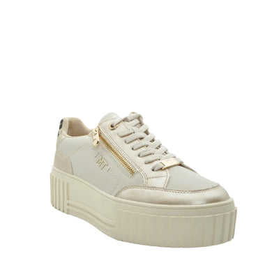 Beige sneaker with a gold zipper on a white background