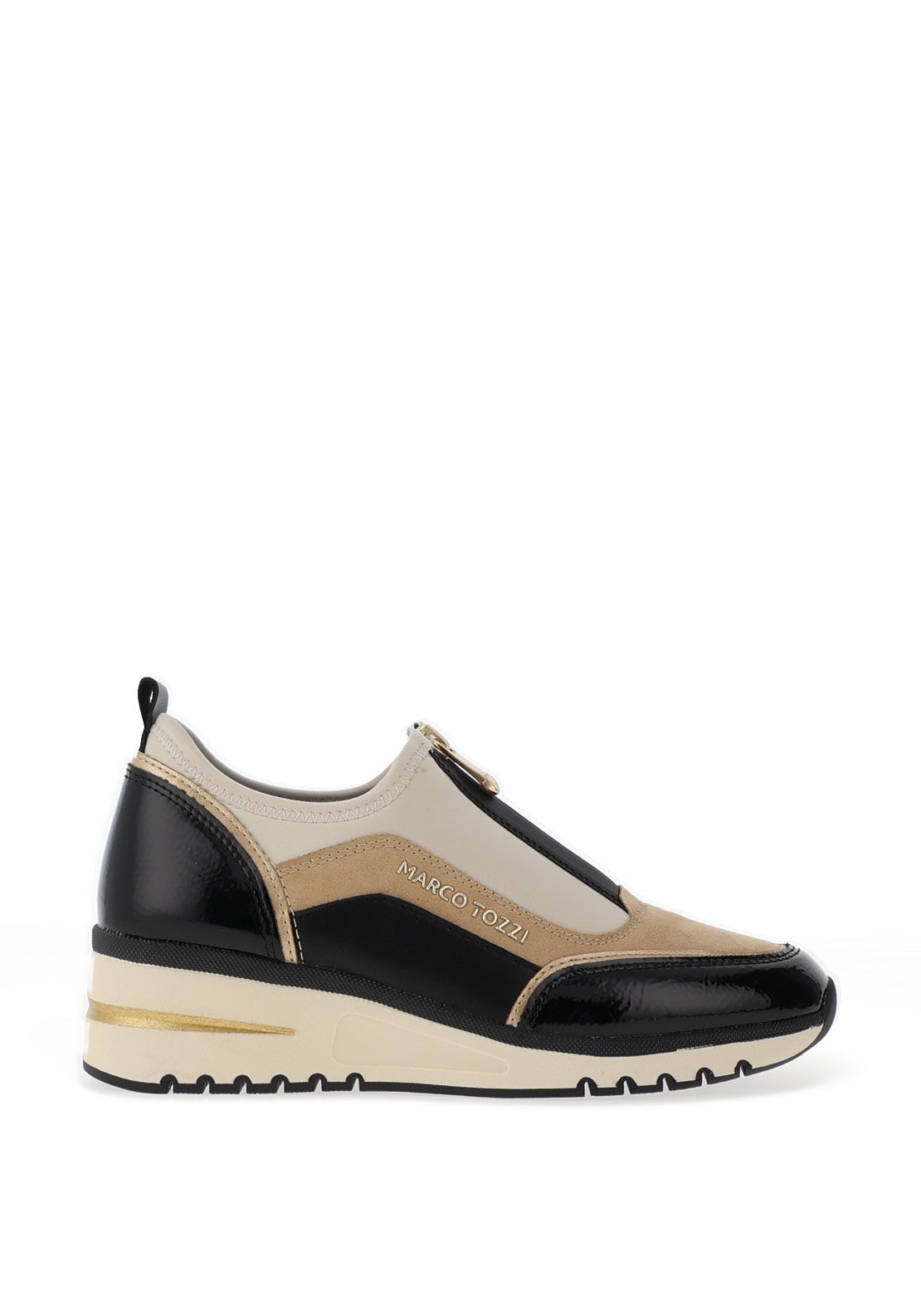 Black and beige sneaker with a brand logo on a white background