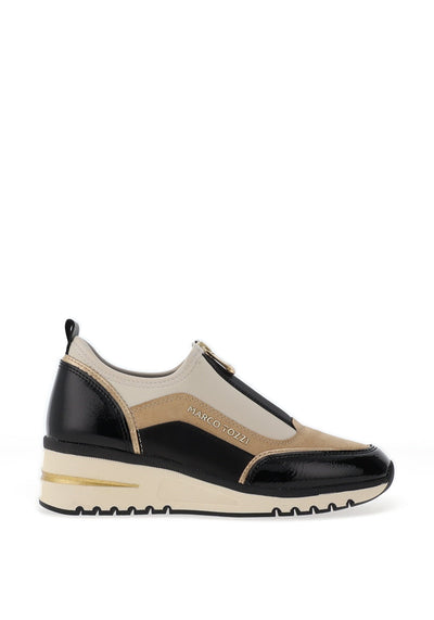 Black and beige sneaker with a brand logo on a white background