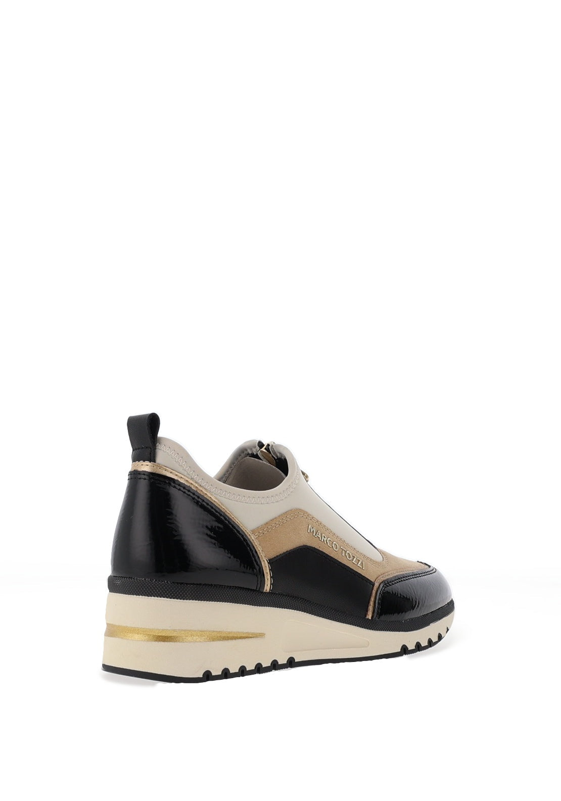 Black and beige sneaker with gold accents on a white background