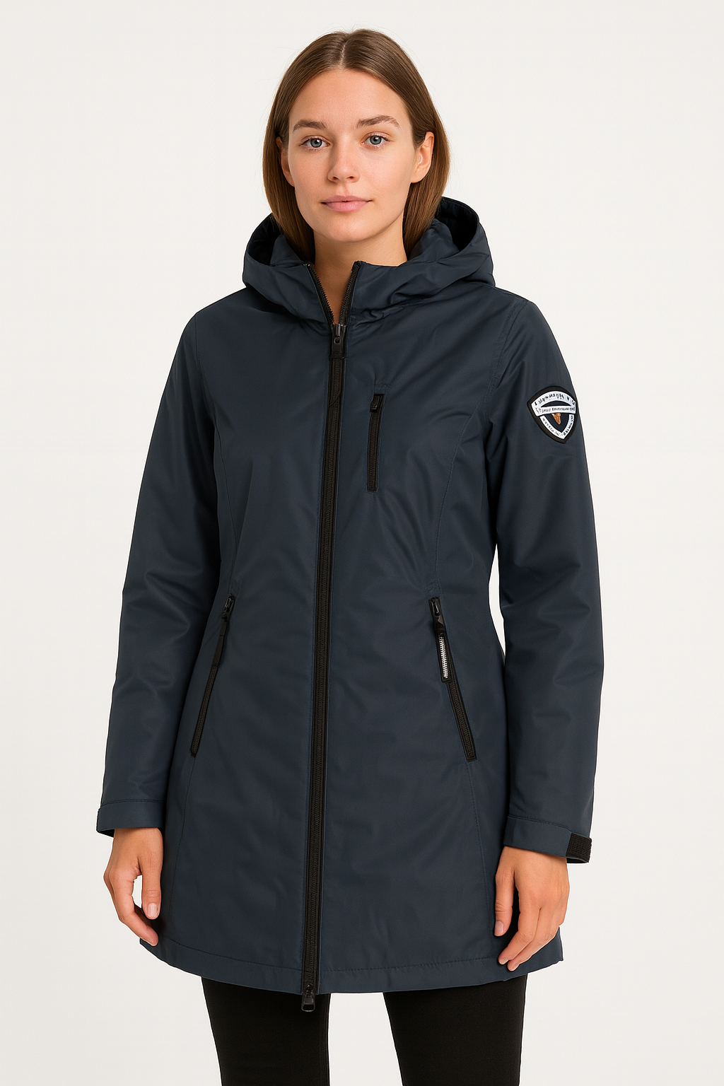 Woman wearing a navy blue jacket with a brand logo on a white background