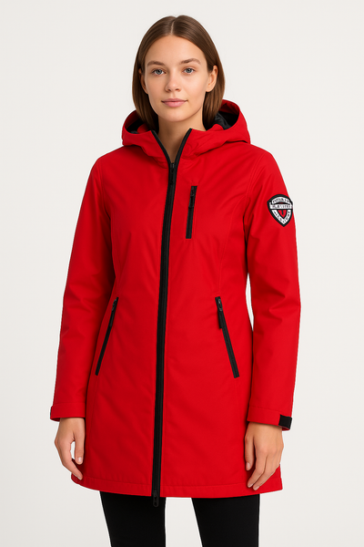 Red jacket with a brand logo on a white background