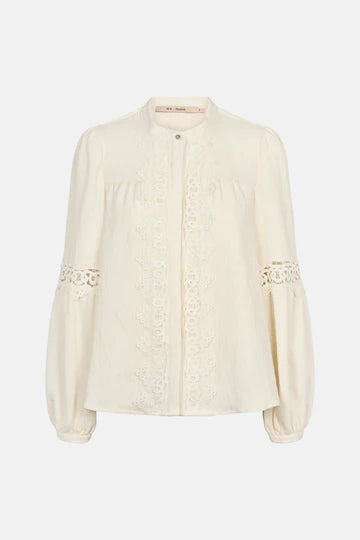 Cream-colored blouse with lace details on a white background