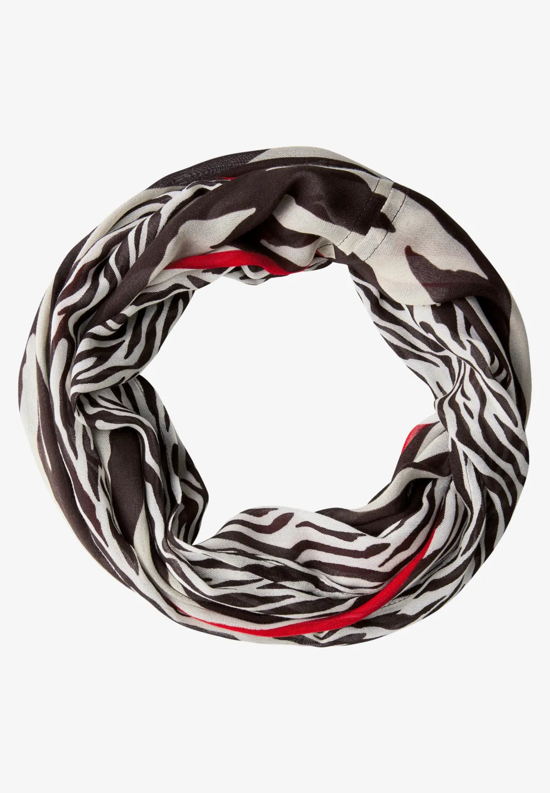Zebra print scarf with red accents on a white background